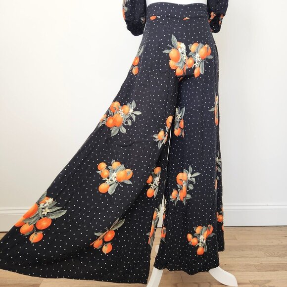 Forever 21 Two Piece Set Orange Fruit Crop Top Wide Leg Pant Black Boho Dot XS M - Picture 4 of 16